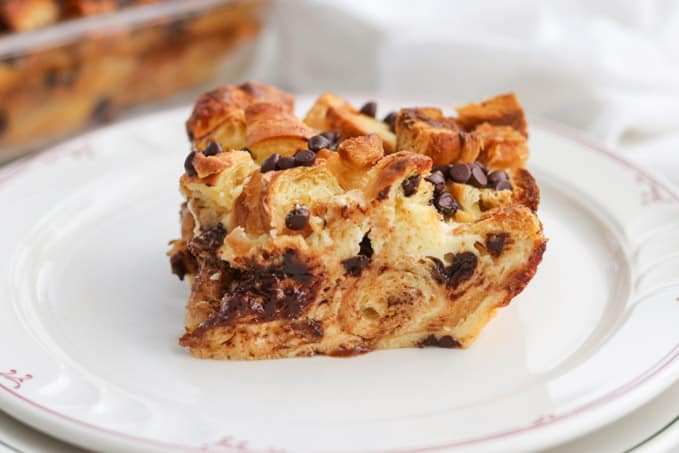 Chocolate Croissant Baked French Toast on a plate.