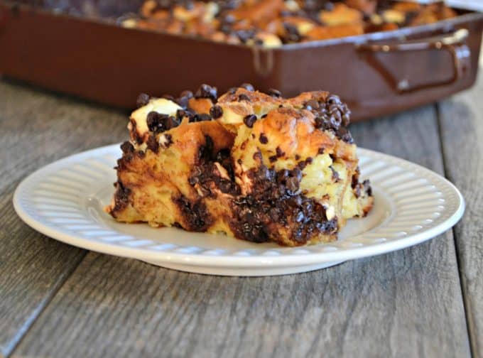 Chocolate Croissant Baked French Toast is chocolate, croissants, and cream cheese soaked overnight in an egg mixture. It's a delicious overnight breakfast.Â 