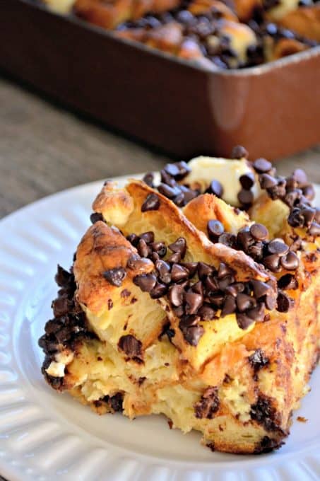 Chocolate Croissant Baked French Toast is chocolate, croissants, and cream cheese soaked overnight in an egg mixture. It's a delicious overnight breakfast. 