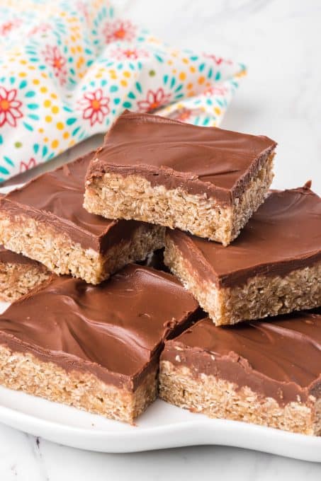 Oatmeal Bars topped with chocolate and peanut butter.