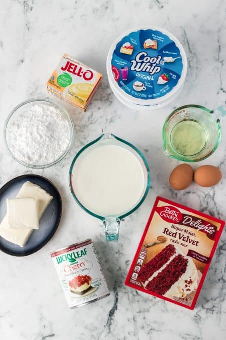 Ingredients for Red Velvet Cherry Dream Bars.