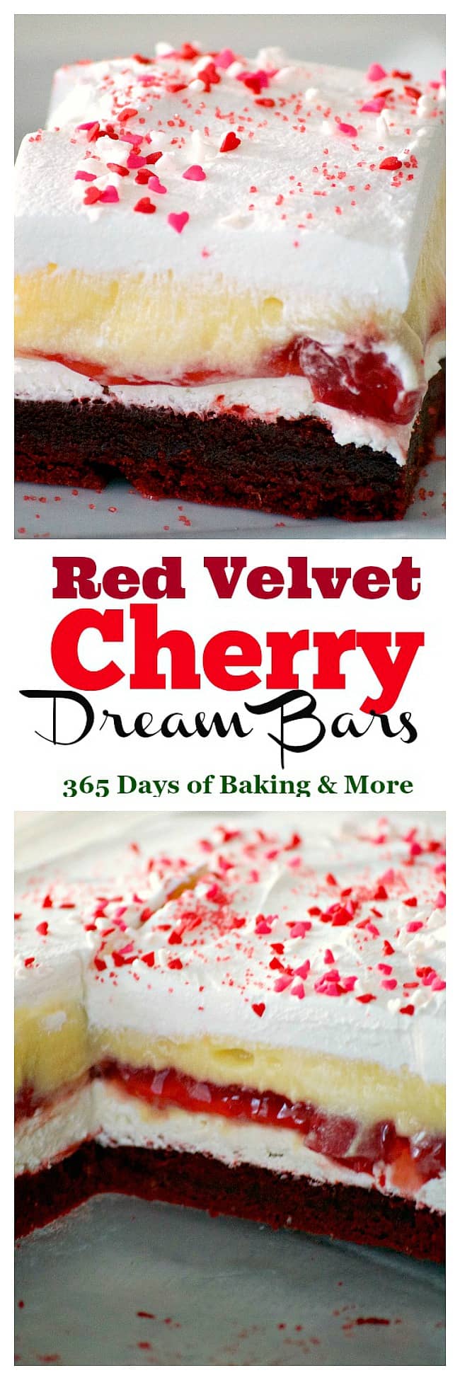 These Red Velvet Cherry Dream Bars with their red velvet cookie crust, sweet cheese layer, cherry pie filling, vanilla pudding and whipped topping make these bars the perfect holiday treat. Or better yet, enjoy them all year 'round.