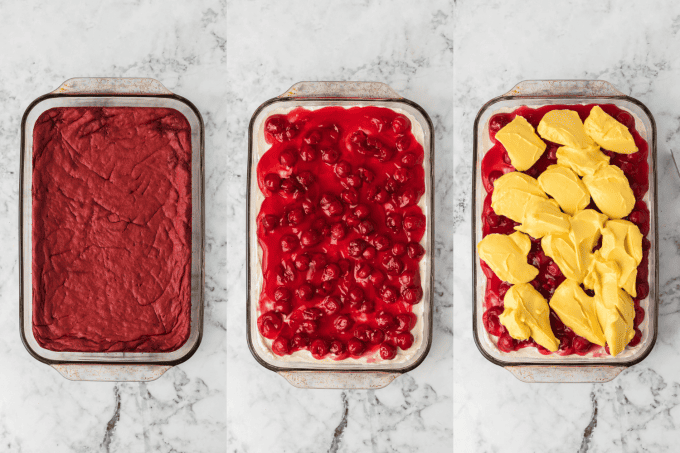 Second set of process photos for Red Velvet Cherry Dream Bars.