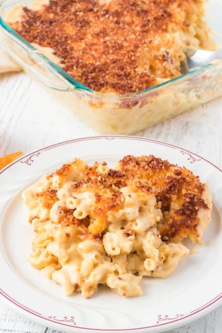 Elbow noodles with cheese and buttered bread crumbs.