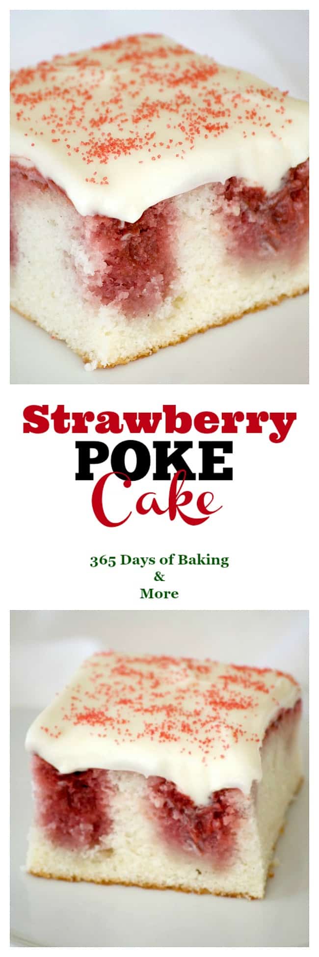 This Strawberry Poke Cake made from scratch with a white cake, strawberry sauce and cream cheese frosting is a perfect Valentine's Day or any day dessert.