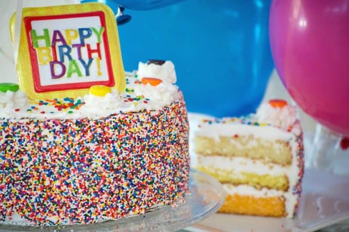 This ombre Citrus Layer Cake with vanilla, lemon and orange layers is colorfully decorated and adorned with helium-filled balloons - a fun birthday cake!