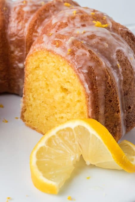 Delicious Lemon Cake dessert with lemon glaze and garnish.