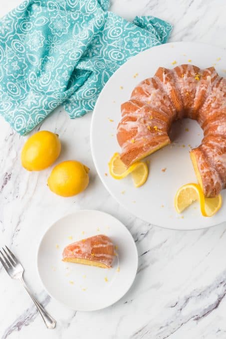 Overhead Shot of Easy Lemon Cake with lemons.