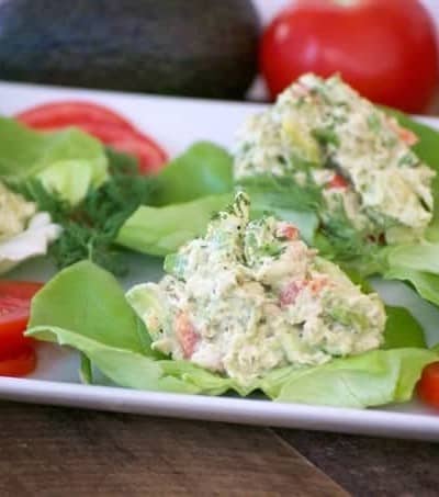 These Avocado Tuna Salad Lettuce Wraps with solid white tuna, avocado, fresh dill, mayo and sweet relish, are a delicious and great low carb lunch or snack.