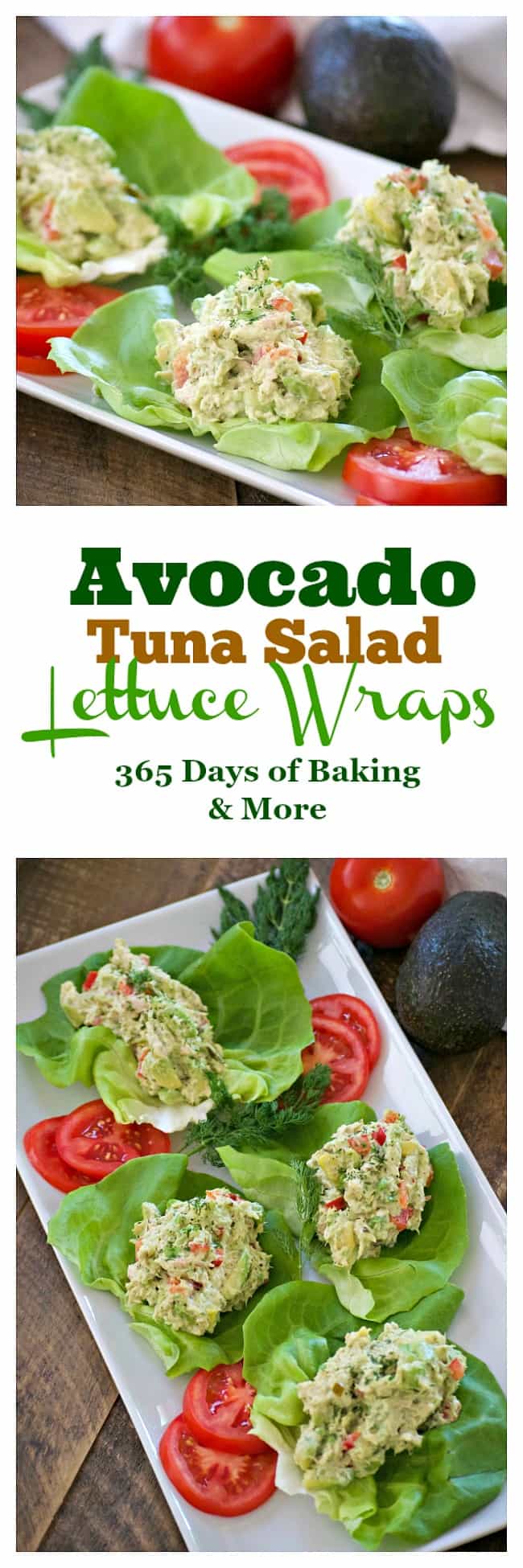 These Avocado Tuna Salad Lettuce Wraps with solid white tuna, avocado, fresh dill, mayo and sweet relish, are a delicious and great low carb lunch or snack.
