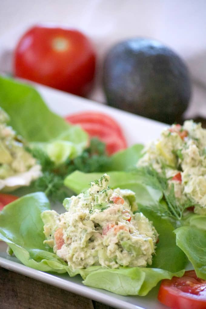 These Avocado Tuna Salad Lettuce Wraps with solid white tuna, avocado, fresh dill, mayo and sweet relish, are a delicious and great low carb lunch or snack. 