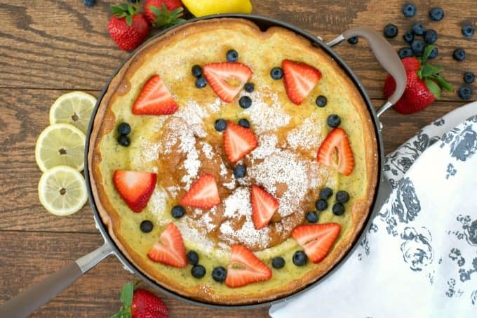 This Lemon Poppy Seed Dutch Baby is a light and fluffy pancake baked in the oven. With a light lemon flavor, it's a perfect breakfast treat for the weekend.