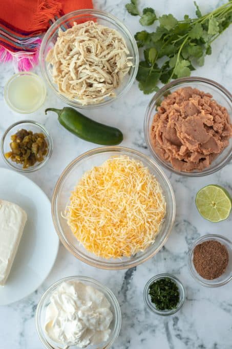 Ingredients for Chicken Taco Dip, an easy appetizer.