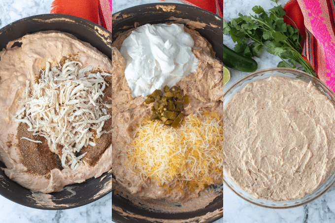 Process shots for chicken taco dip.