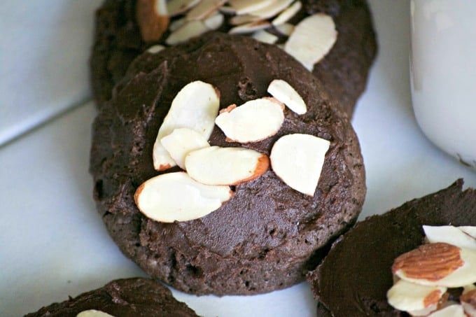 These Double Chocolate Frosted Almond Cookies, made with Fair Trade products are sure to satisfy any chocolate craving. Almond paste, sliced almonds, double chocolate chips and chocolate frosting make these cookies very hard to resist! Make them and help support Fair Trade communities. 