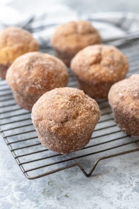 Muffins with a coating of butter and cinnamon sugar.