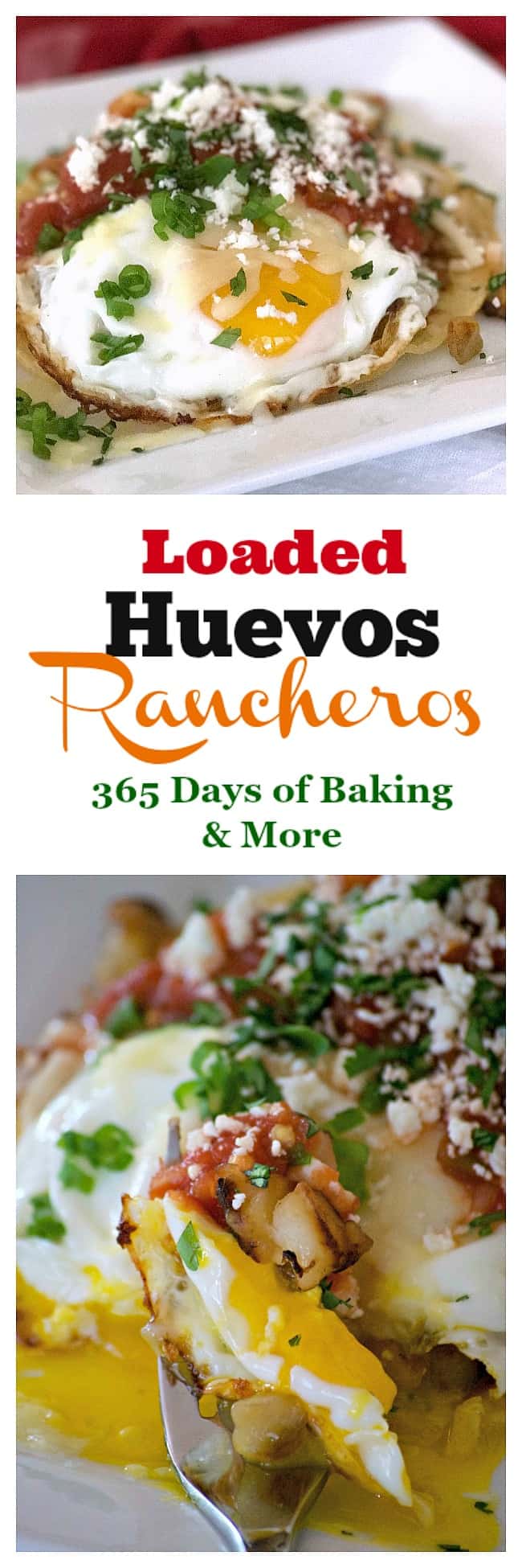 Loaded Huevos Rancheros are tortillas topped with refried beans, Potatoes O'Brien, salsa, eggs and cheese - a hearty breakfast that's full of great flavor!