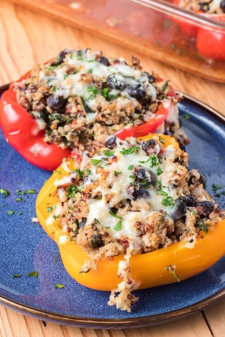 Turkey, quinoa and black bean stuffed peppers.