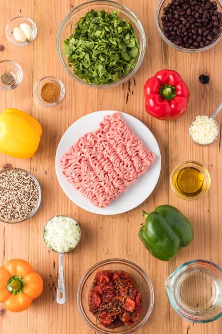 Ingredients for Quinoa, Black Bean and Turkey Stuffed Peppers