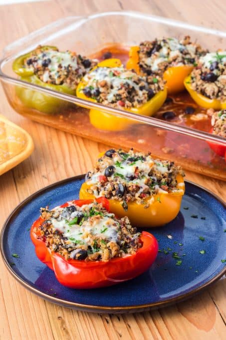 Peppers stuffed with quinoa, turkey and black beans.