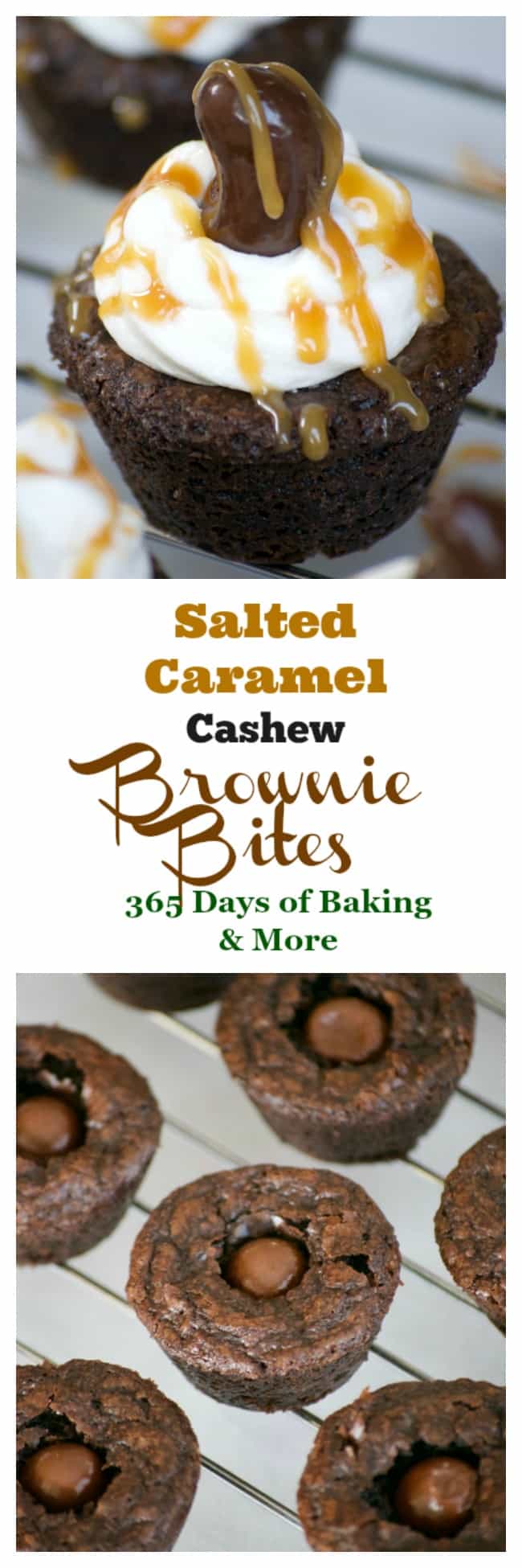 Salted Caramel Cashew Brownie Bites with a Marich Salted Caramel inside, topped with vanilla buttercream and a Marich Cashew are a great bite-sized treat!