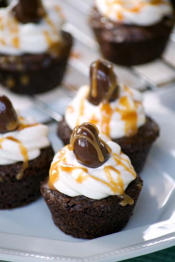 Salted Caramel Cashew Brownie Bites with a Marich Salted Caramel inside, topped with vanilla buttercream and a Marich Cashew are a great bite-sized treat!