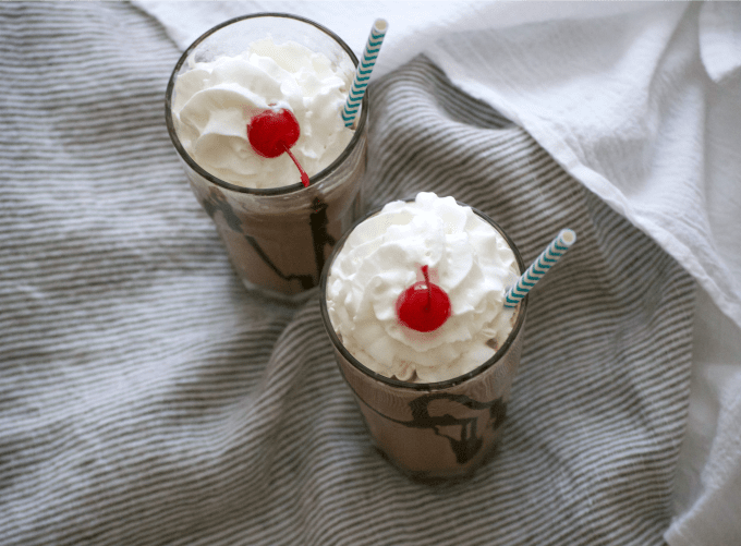 This Double Chocolate Malted Milkshake topped with whipped cream and a cherry is the perfect cold treat to satisfy a chocolate craving on a hot summer day.