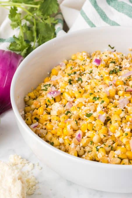A delicious Mexican Street Corn made in a skillet.