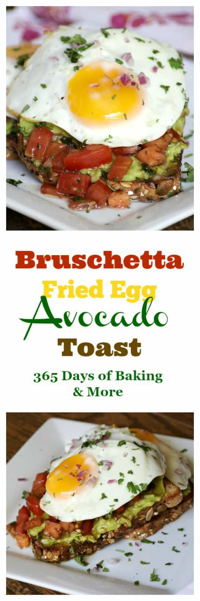 Bruschetta Fried Egg Avocado Toast with whole grain bread, smashed avocado, marinated tomato and a fried egg are sure to give you a great start to your day!