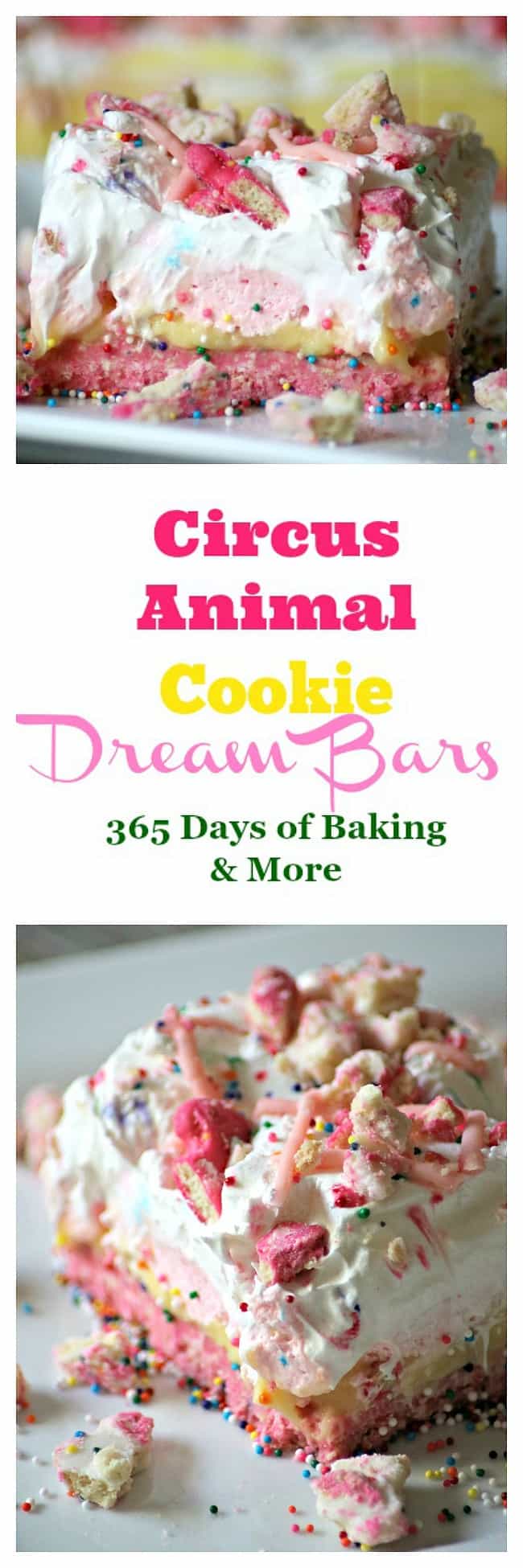 Circus Animal Cookie Dream Bars with a cookie crust and sweet, colorful layers are a fun, No Bake dessert that's sure to bring out the kid in anyone!