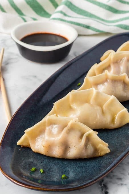 Pork filling in potsticker wrappers.