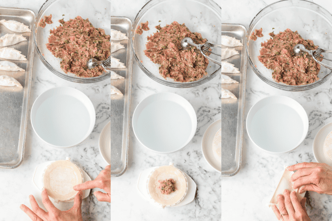 Process photos for Pork Potstickers using a dough press.