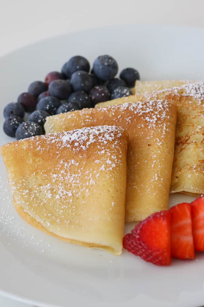 What are crepes? They are These thin French crepes or pancakes and are made with flour, eggs, milk and a little sugar. This is an Easy Crepe Recipe!