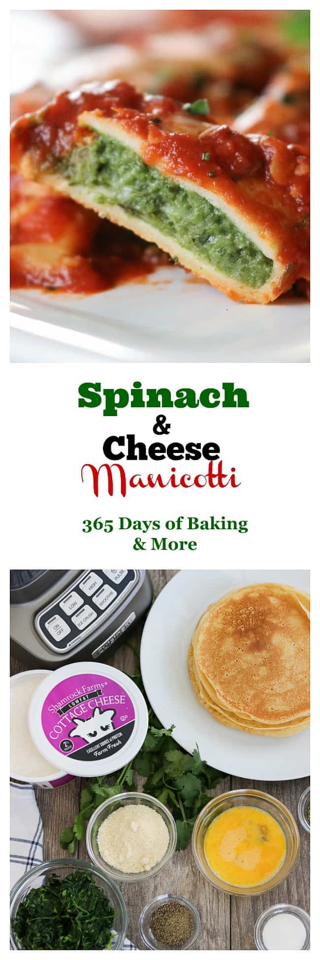 This easy Spinach and Cheese Manicotti is an old family favorite. It starts with a smooth, creamy filling made of cottage cheese, spinach, and eggs, and is rolled into a homemade crepe. Serve them with a salad and you have a delicious dinner that your family will enjoy for years to come.