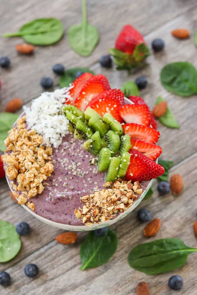 Blueberry Banana Smoothie Bowl with fruit, coconut and granola