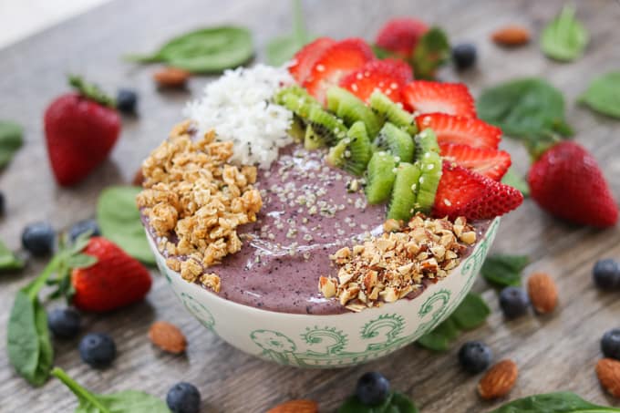 Blueberry Banana Smoothie Bowl with strawberries, kiwi, coconut, granola