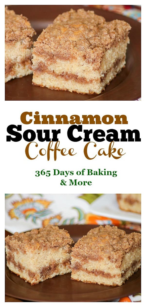 This Cinnamon Sour Cream Coffee Cake from Mary Younkin's new cookbook, The Weekday Lunches & Breakfasts Cookbook, is a recipe you'll make again and again. The cake is super moist and with a layer of cinnamon streusel both on the top and in the middle, this morning treat is hard to resist and it's perfect with coffee! Moist cake and delicious cinnamon streusel make this Cinnamon Sour Cream Coffee Cake a family favorite.
