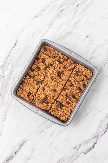 A pan of granola bars made from Rice Krispies cereal and more.