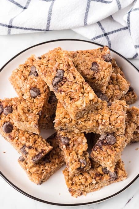 Granola bars made with cereal, chocolate chips, coconut and honey.
