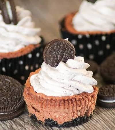 These Chocolate Cookies and Cream Cheesecakes are the perfect serving size and are from Jocelyn Brubaker's cookbook, Cheesecake Love.
