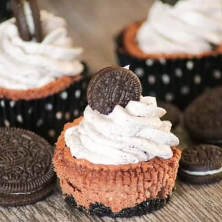 These Chocolate Cookies and Cream Cheesecakes are the perfect serving size and are from Jocelyn Brubaker's cookbook, Cheesecake Love.
