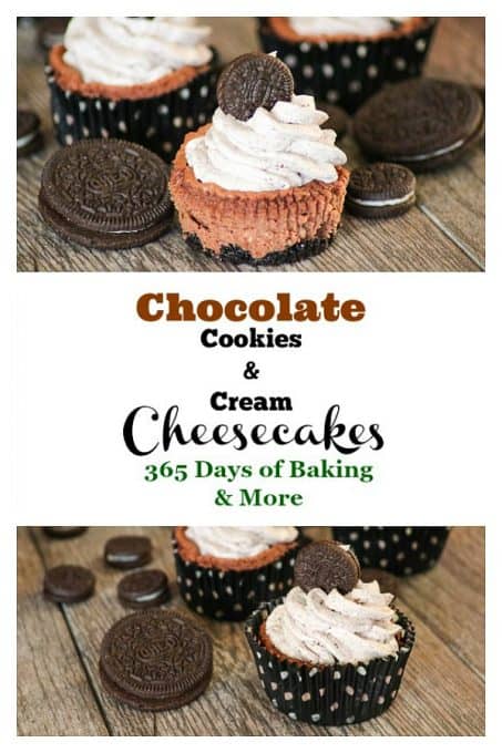 Two views of Chocolate Cookies and Cream Cheesecakes from Jocelyn Brubaker's cookbook, Cheesecake Love.