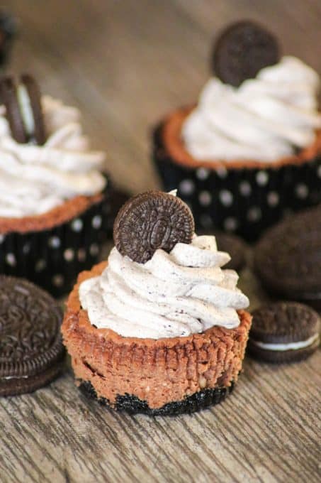 Unwrapped Chocolate Cookies and Cream Cheesecakes with regular size and mini Oreo cookies.