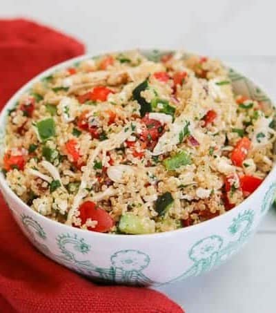 You're looking at a bowl of goodness with this Greek Quinoa Chicken Salad. Easy and delicious ingredients mean you can put this meal together in no time!