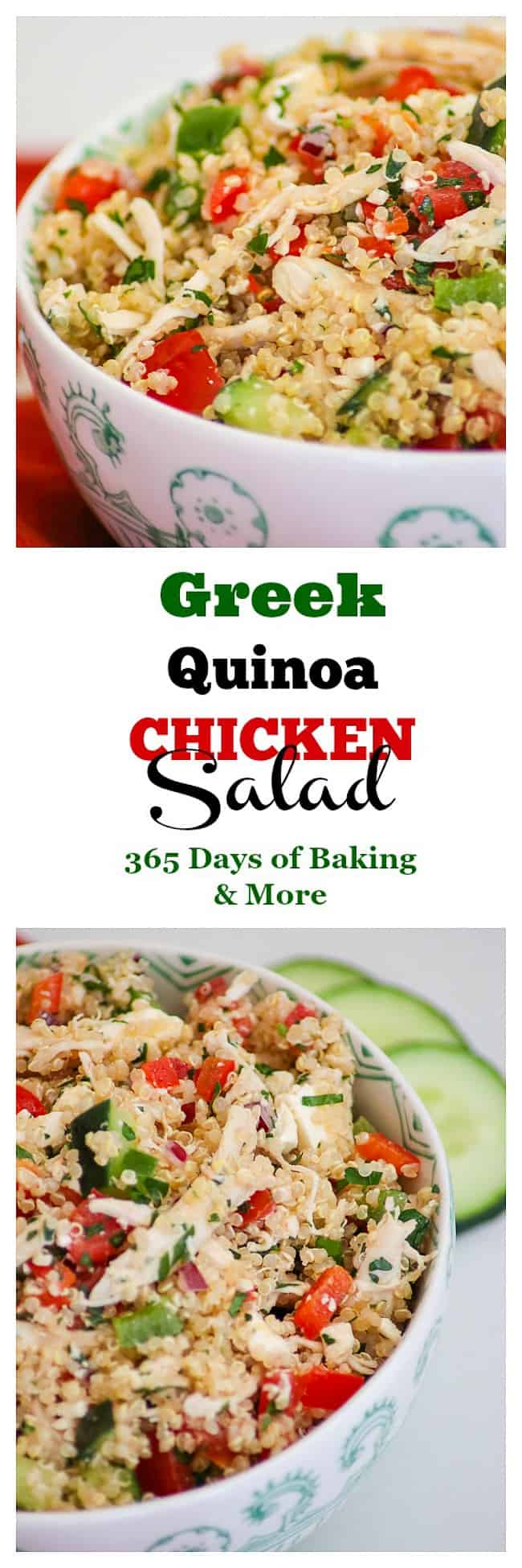 Greek Quinoa Chicken Salad with rotisserie chicken, quinoa, feta cheese, bell peppers, cucumber and a lemon vinaigrette.