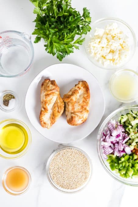 Ingredients for a Greek Chicken Salad.