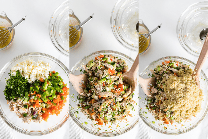 Process Steps for a Greek Salad with chicken and quinoa.