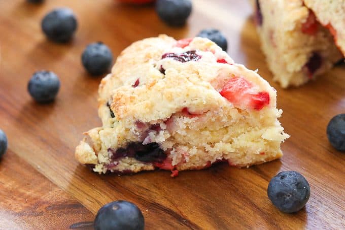 Moist Mixed Berry Scones made with fresh strawberries and blueberries.