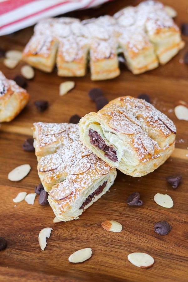 SO easy to make, these Chocolate Bear Claws with puff pastry, chocolate chips and almonds are a great breakfast treat!