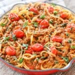 Linguine, tomatoes, sweet Italian sausage, basil, chicken stock and more make this One Pot Sausage Linguine easy to serve in less than 30 minutes.